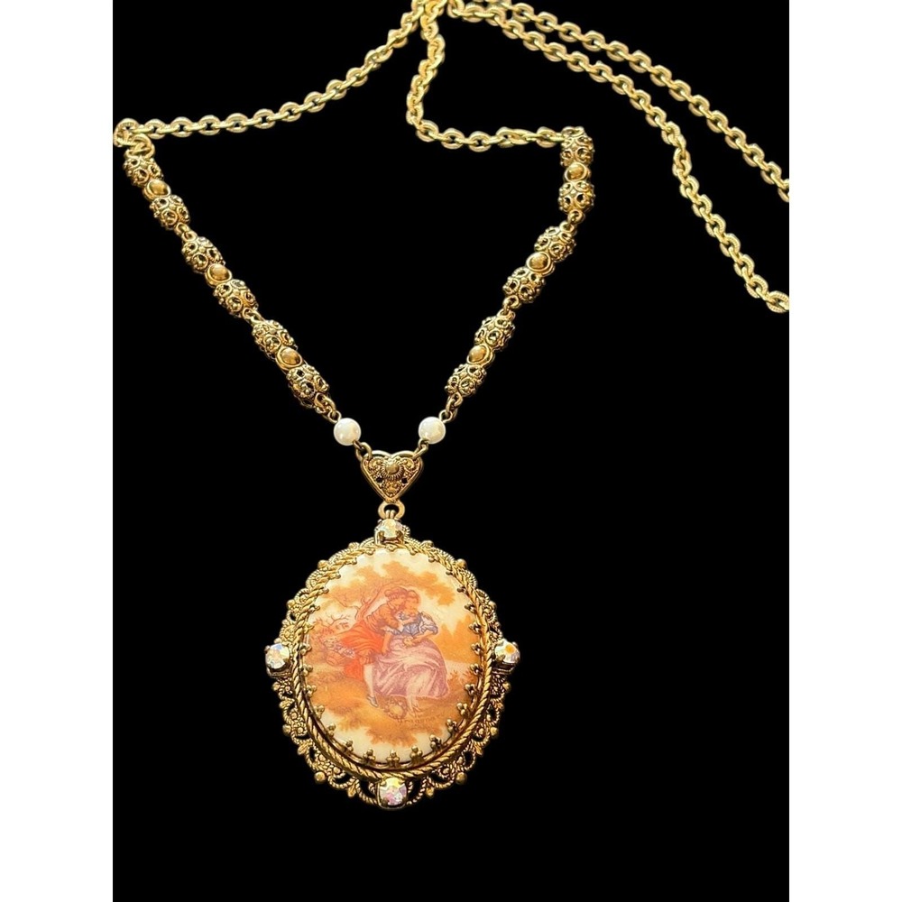 Vintage West Germany Fragonard Porcelain Cameo Necklace Rococo Filigree